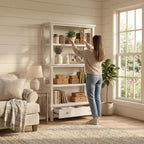 Signature Design by Ashley Robbinsdale 75" Farmhouse Bookcase with Drawer | Hardwood solids and oak veneer, 75 inch tall bookshelf with drawer, Antique white finish, 14 to 17 inch deep fixed shelves