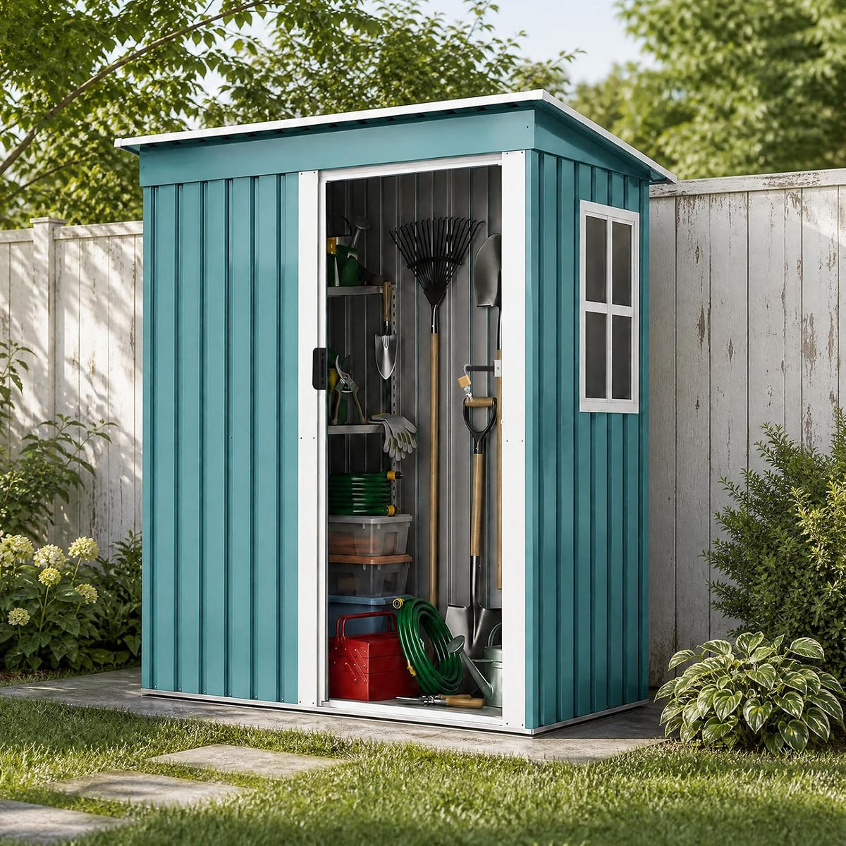 Metal Shed Garden Storage 5x3 FT, Garden Shed, Waterproof Galvanized Steel with Window, Outdoor Lean-to Shed with Sliding Door,Lock and Gloves for Patio, Garden, Backyard, Bike, Garbage, Bin