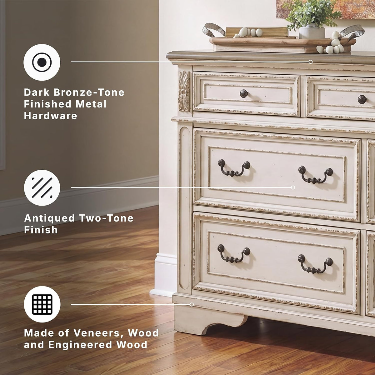 Signature Design by Ashley 7 Drawer Dresser for Bedroom, Two-Tone White | French country aesthetic with distressed wood top, Smooth-gliding dovetail joints and bronze-tone hardware, Realyn Series