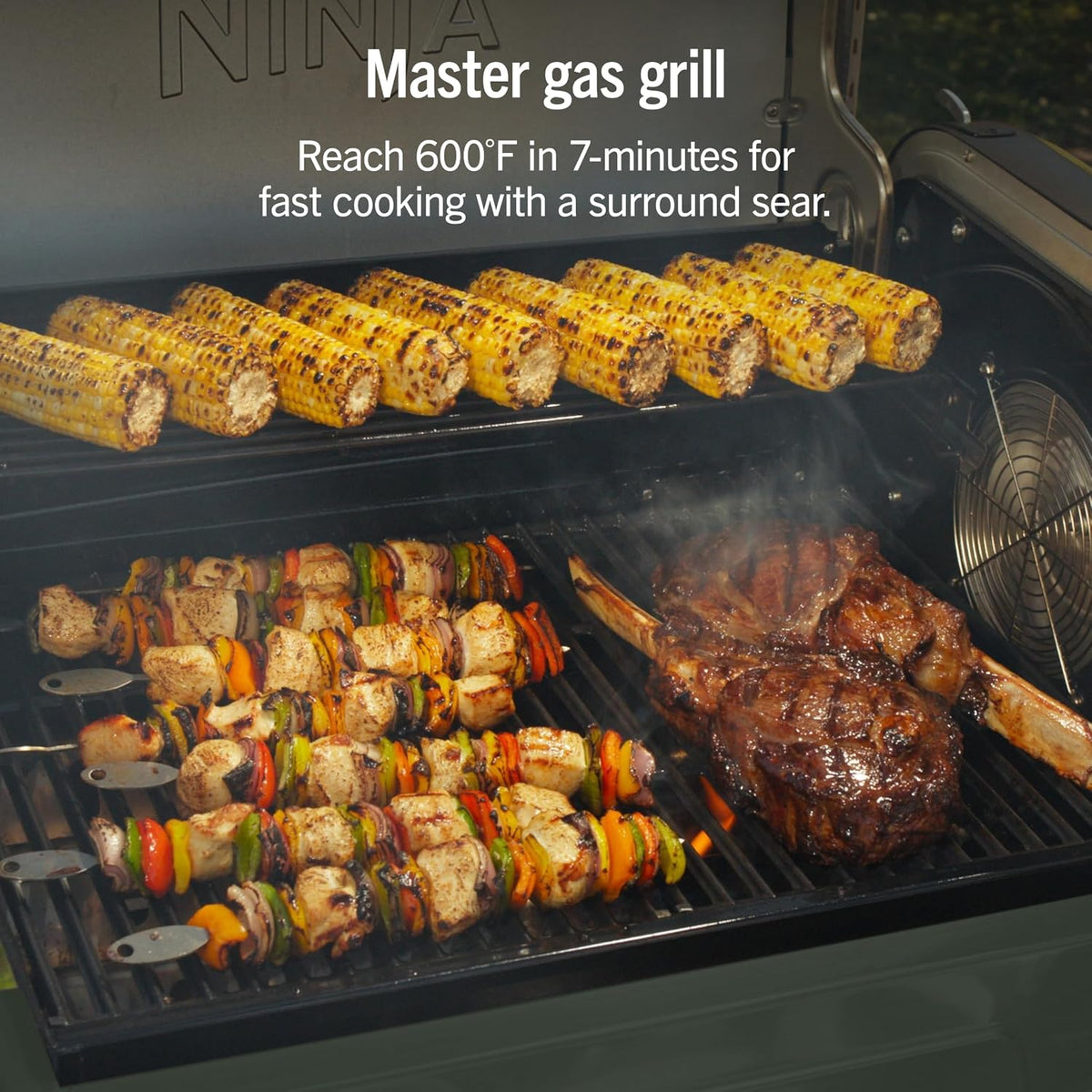 Ninja FlexFlame Grill & Smoker, Electric & Propane, 5-in-1, Green, PG301GN | Ninja FlexFlame is a 5-in-1 grill, smoker & griddle with precise 200-600°F control, fitting 3 chickens or 4 rib racks
