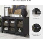 Signature Design by Ashley 60" Black Buffet Accent Cabinet, 3 Glass Doors | Sturdy oak veneer frame, High-contrast warm gray interior, Smooth-glide drawers, Lenston Series