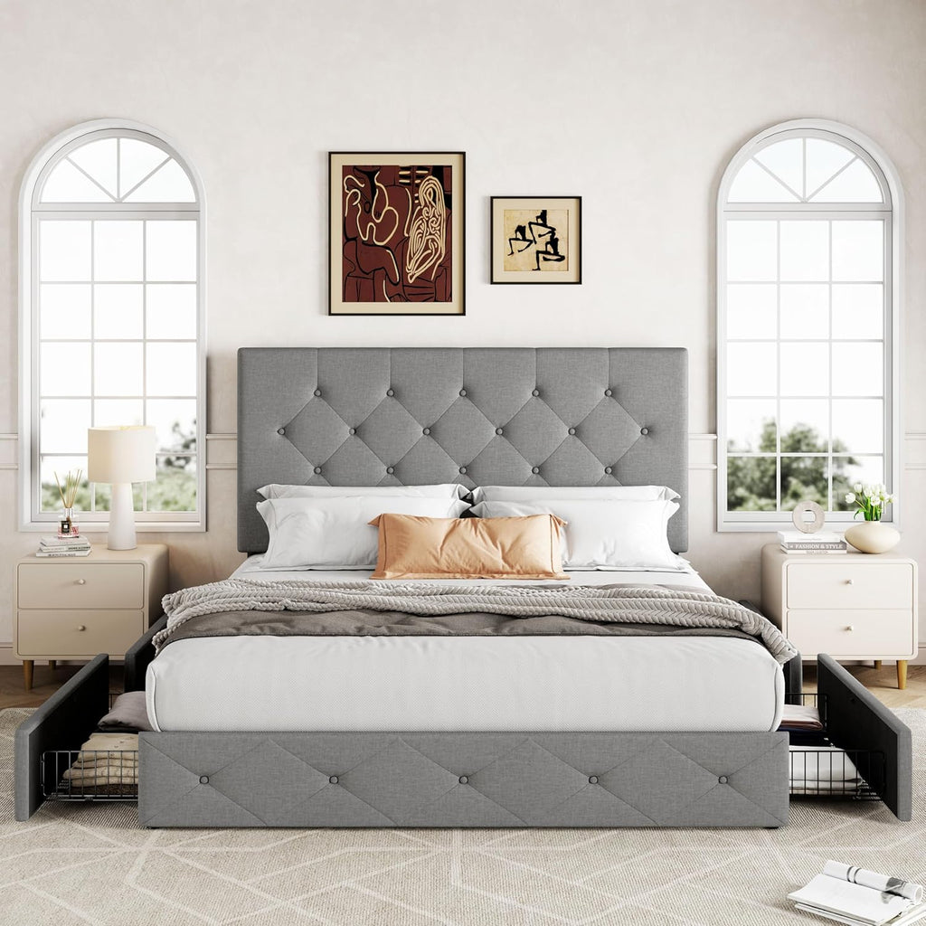 Allewie Queen Size Storage Bed Frame with 4 Underbed Drawers, Upholstered Platform Bed with Adjustable Headboard, Diamond Button Tufted, Easy Assembly, Noise-Free, No Box Spring Needed, Light Grey