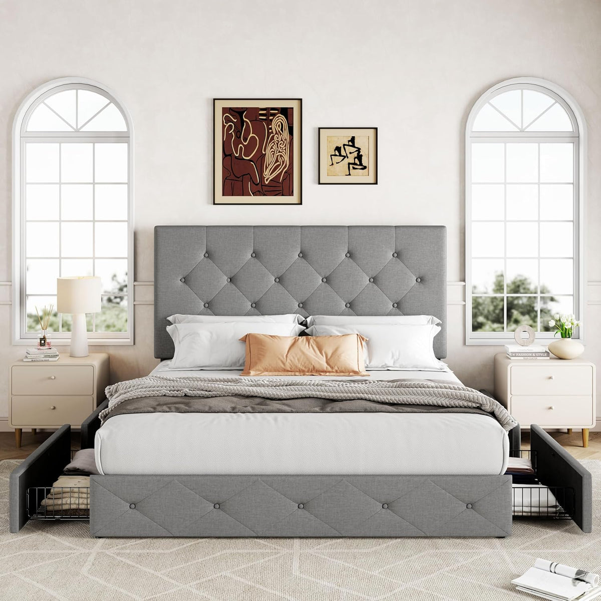 Allewie Queen Size Storage Bed Frame with 4 Underbed Drawers, Upholstered Platform Bed with Adjustable Headboard, Diamond Button Tufted, Easy Assembly, Noise-Free, No Box Spring Needed, Light Grey