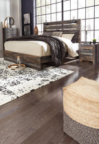 Signature Design by Ashley Drystan Rustic King Size Bed Frame with LED | Rustic brown and gray replicated wood grain with teal accents, Durable engineered wood, Adjustable base compatible