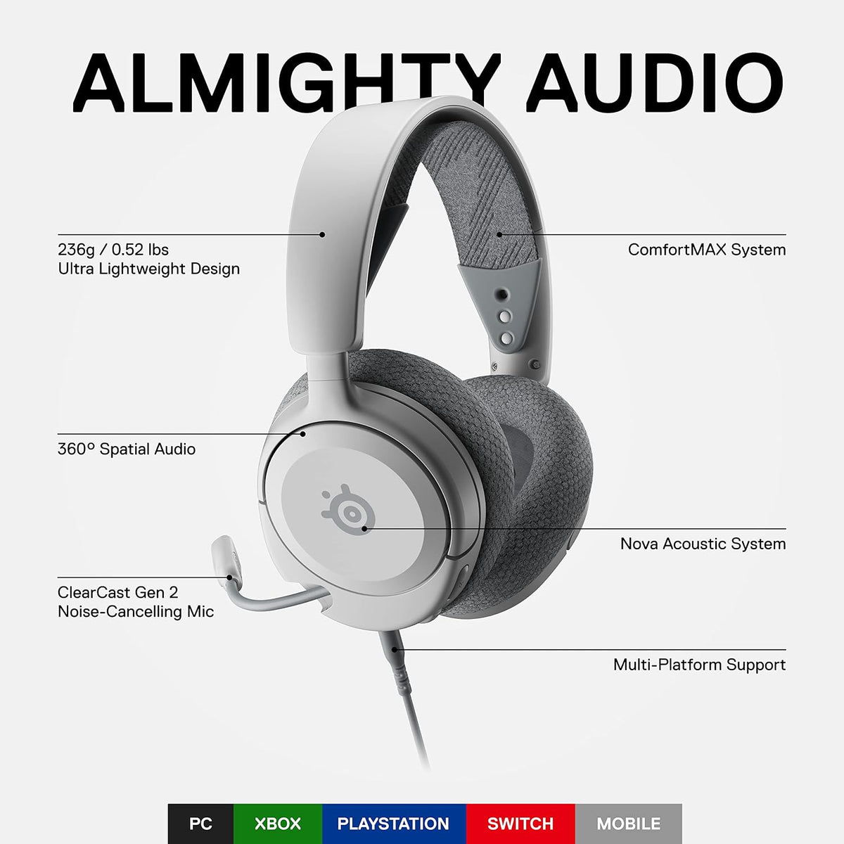 SteelSeries Arctis Nova 1 - Gaming Headset for PC, PS5, PS4, Switch, Xbox - Hi-Fi Drivers - 360° Spatial Audio - AirWeave Memory Foam Ear Cushions - Ultra Lightweight - White