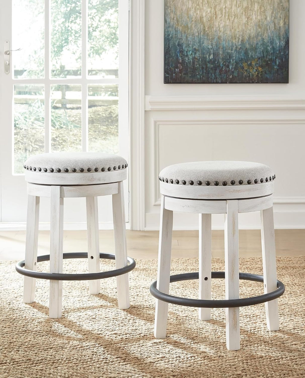 Signature Design by Ashley Valebeck 24 Inch Counter Height Stool | Backless swivel design, Rustic vintage white frame, Cozy beige woven fabric, Metal footrest