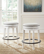 Signature Design by Ashley Valebeck 24 Inch Counter Height Stool | Backless swivel design, Rustic vintage white frame, Cozy beige woven fabric, Metal footrest