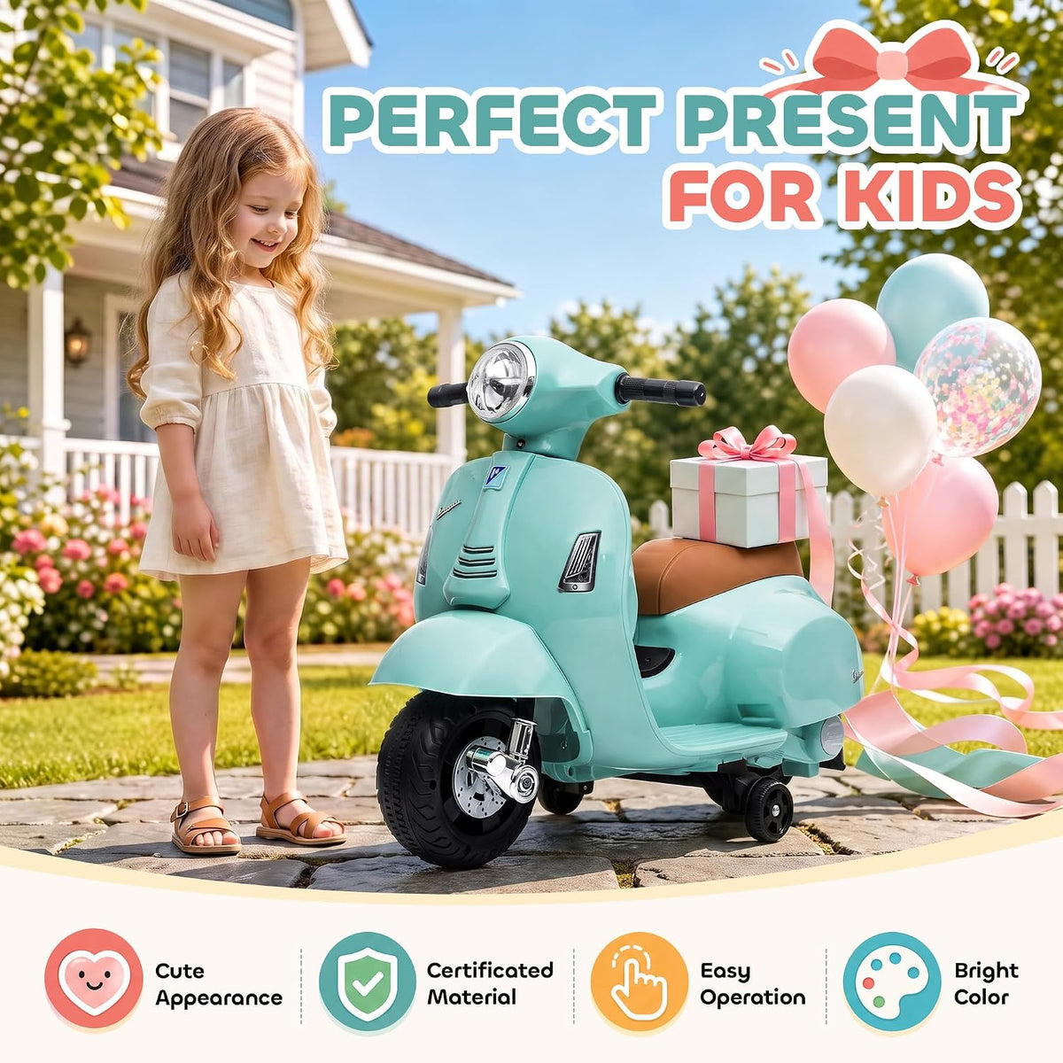 HOMCOM Licensed Vespa 6V Ride On Motorcycle for Kids Max. 25KG Green