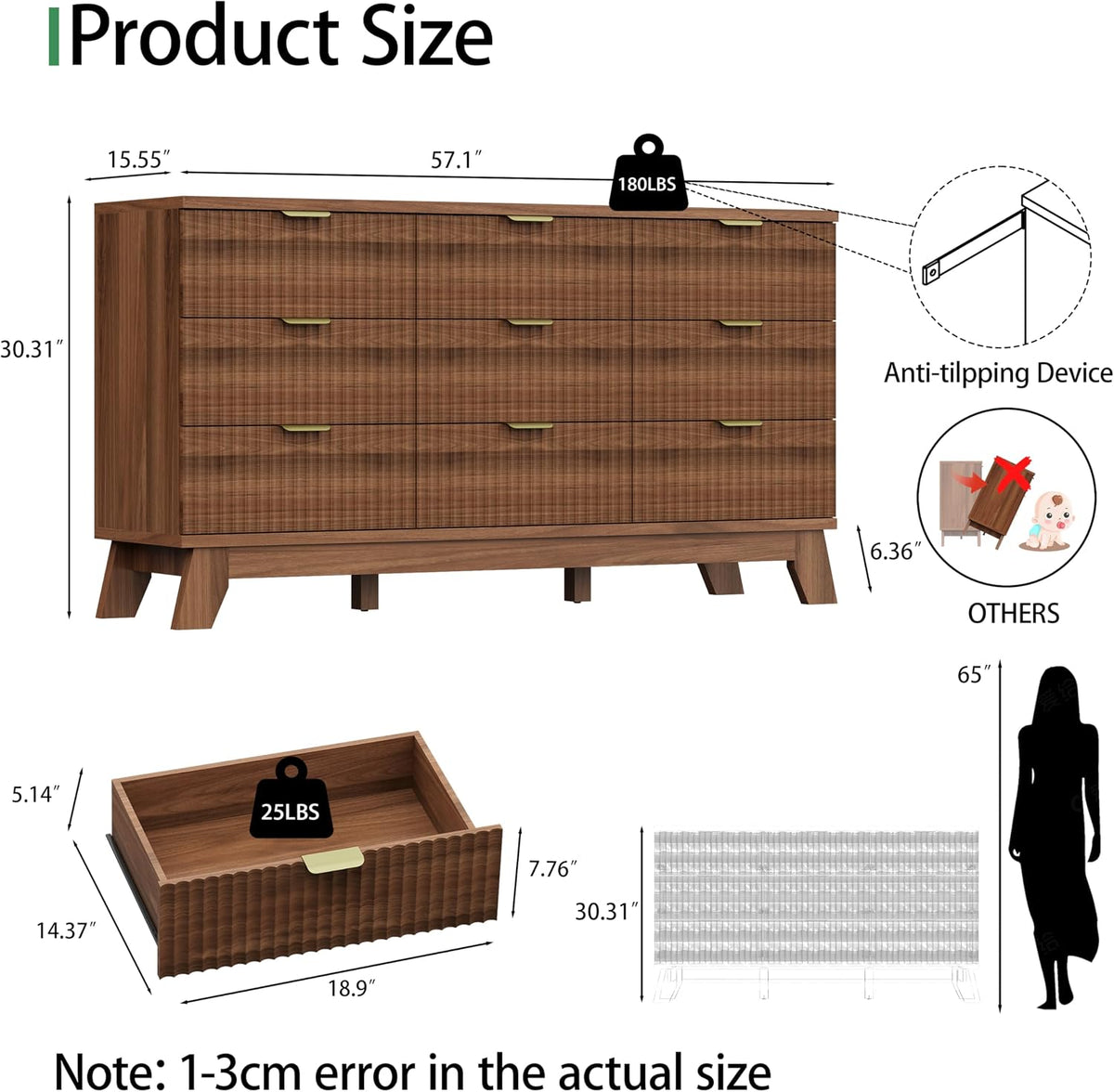 Xixini Fluted Dresser for Bedroom with 9 Drawers, 57" Wide Modern Chest of Drawers with Metal Handle, Wooden Dresser TV Stand, Wood Closet Clothes Storage Organizer for Living Room, Hallway, Walnut