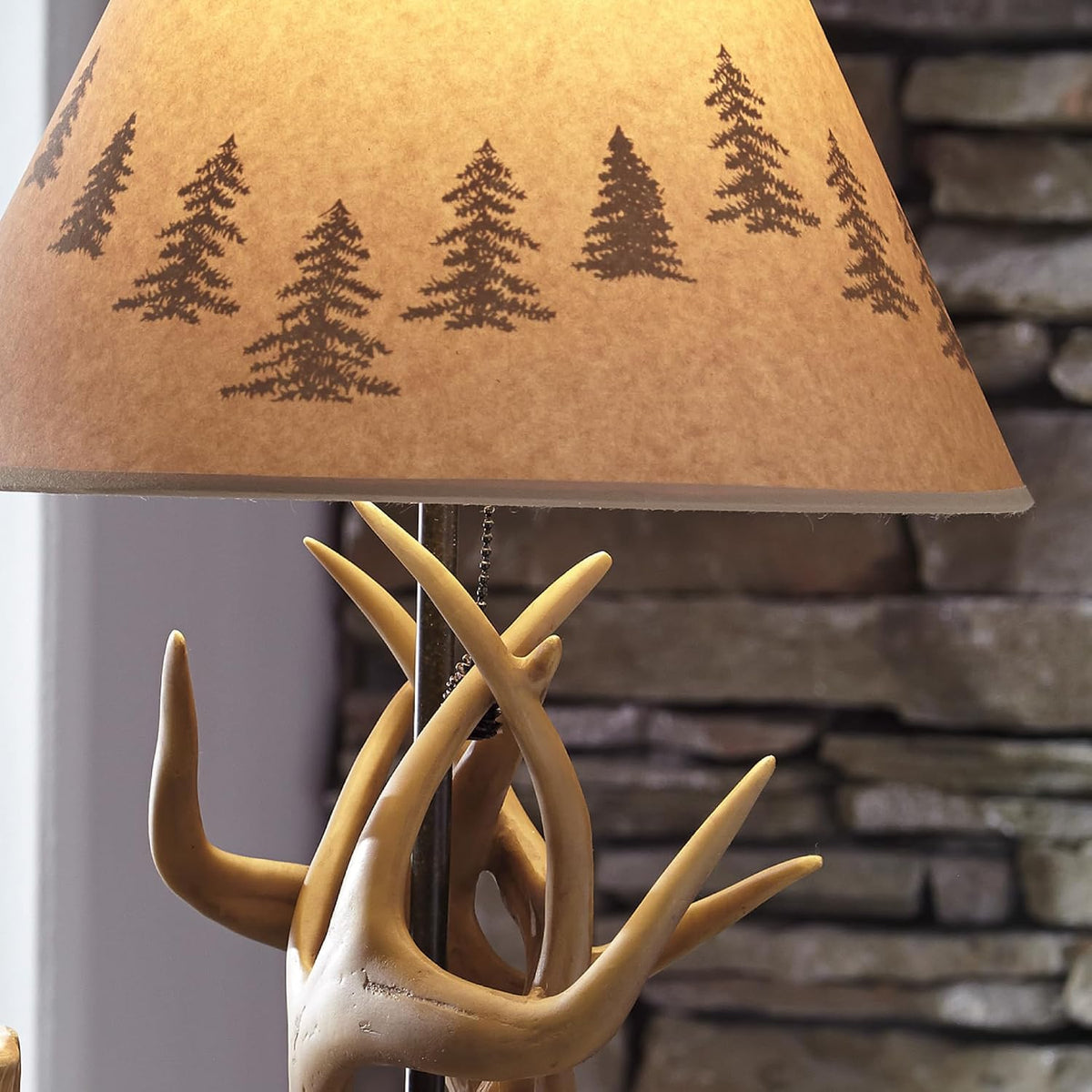 Signature Design by Ashley Derek Rustic Table Lamps, Living Room, Set of 2 | Durable poly resin antler base, Warm translucent paper silhouette shade projecting forest scenes, Rustic cabin style