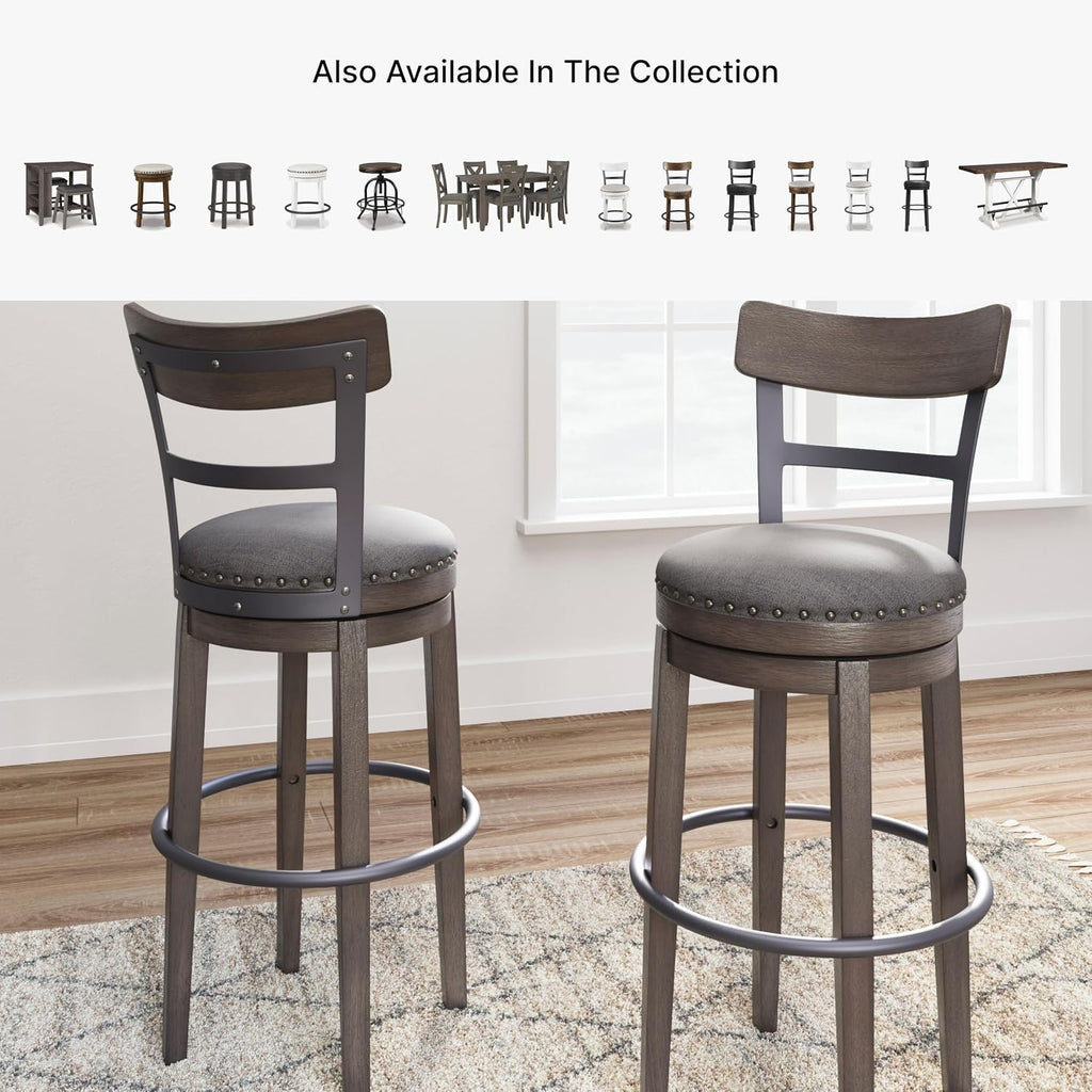Signature Design by Ashley Caitbrook Swivel 30" Bar Height Bar Stool, Gray | Plush foam-cushioned seat, Elegant nailhead trim, Sturdy solid wood frame, 30.5-inch height for 40-42 inch bars