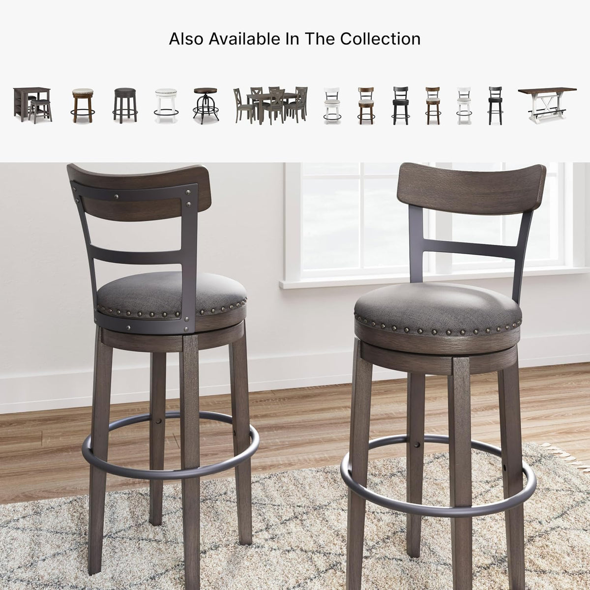 Signature Design by Ashley Caitbrook Swivel 30" Bar Height Bar Stool, Gray | Plush foam-cushioned seat, Elegant nailhead trim, Sturdy solid wood frame, 30.5-inch height for 40-42 inch bars