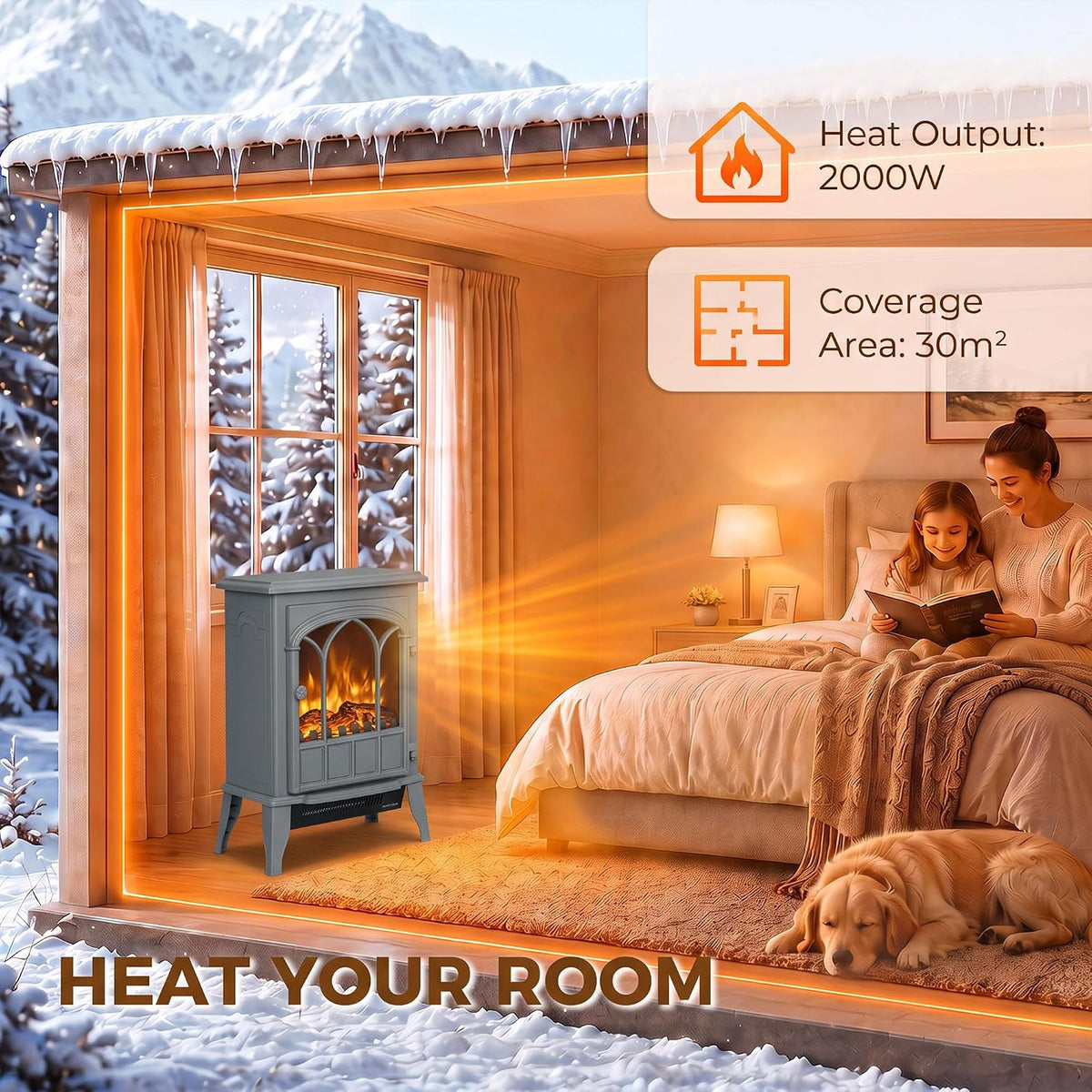 HOMCOM Electric Fireplace Stove, Freestanding Log Burner 1000W/2000W, Grey