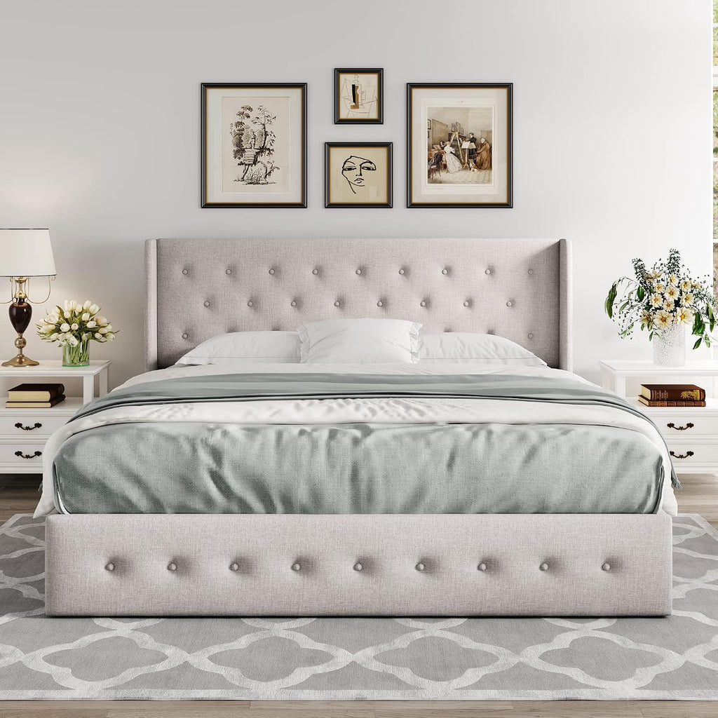 Allewie Queen Size Lift Up Storage Button-Tufted Bed Frame Light Beige