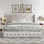 Allewie Queen Size Lift Up Storage Button-Tufted Bed Frame Light Beige