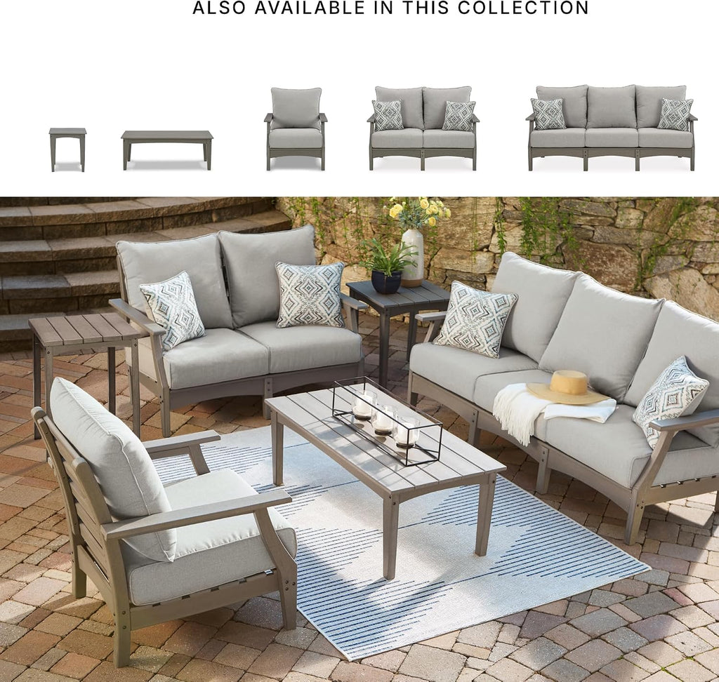 Signature Design by Ashley Visola 80"W 3-Seat Outdoor Patio Sofa, HDPE Wood Look, Couch with Performance Cushions for Deck Furniture, Gray