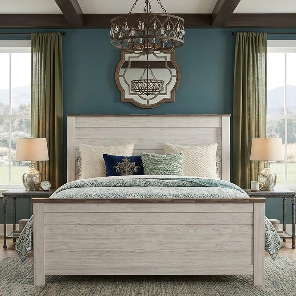 Signature Design by Ashley Willowton Queen Panel Bed Frame, Whitewash | Charming coastal shabby-chic aesthetic, Durable engineered wood construction, Complete headboard footboard and rails