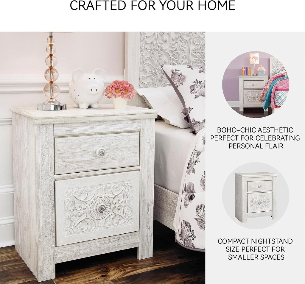 Signature Design by Ashley Nightstand, Paxberry Boho Whitewash | Engineered wood and decorative laminate, Ornate carved-effect medallion details, Includes 2 built-in USB charging ports