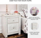 Signature Design by Ashley Nightstand, Paxberry Boho Whitewash | Engineered wood and decorative laminate, Ornate carved-effect medallion details, Includes 2 built-in USB charging ports