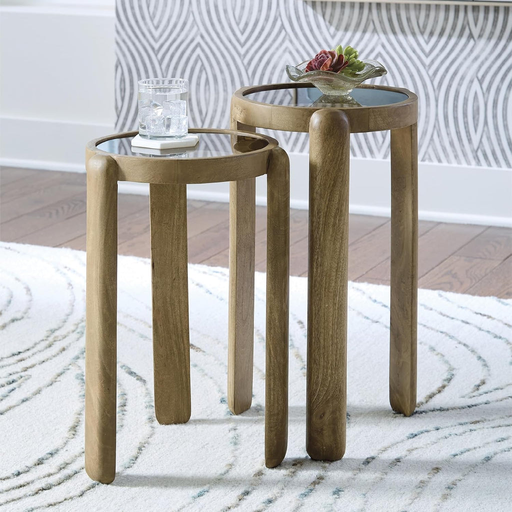 Signature Design by Ashley Round Nesting Mango Wood End Table Set of 2 | Light brown tempered glass tops with natural wood finish frames, Space saving compact nesting side tables, Jossor Series