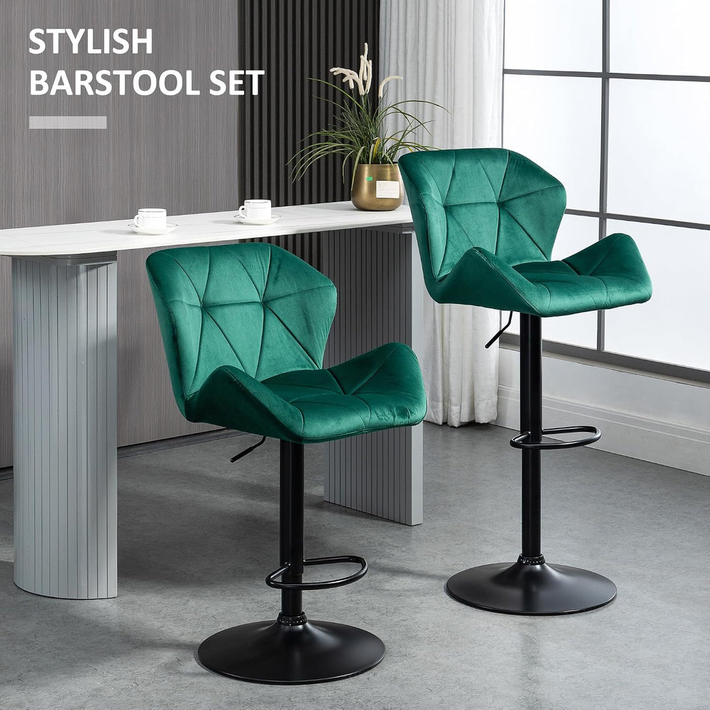 HOMCOM Bar Stools Luxurious Velvet-Touch Footrest Swivel Set Of 2 Green