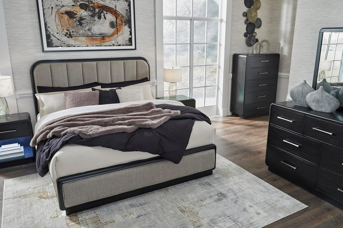 Signature Design by Ashley Rowanbeck Dresser, Black Wood 7 Drawer Chest for Bedroom, Hardwood Solids and Ash Veneer, Contemporary Storage for Master Suites, Black, 64" W