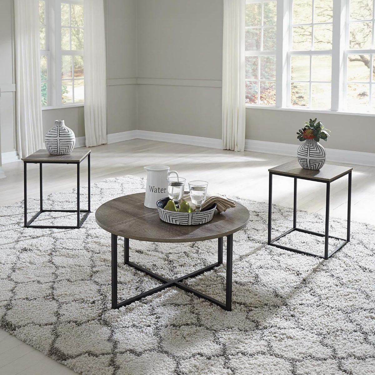 Signature Design by Ashley 3-Piece Living Room Coffee and End Table Set | Round coffee and square end tables, Laminate engineered wood, Dark metallic frames, Contemporary style, Wadeworth Series