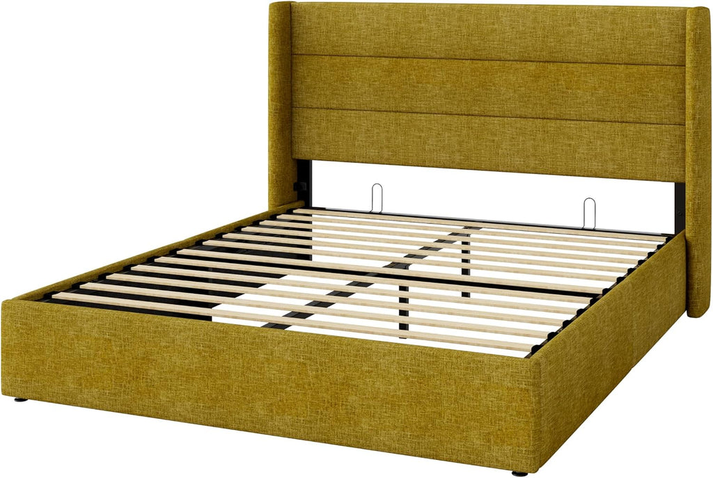 Allewie Queen Size Lift Up Hydraulic Storage Bed Frame Olive Yellow