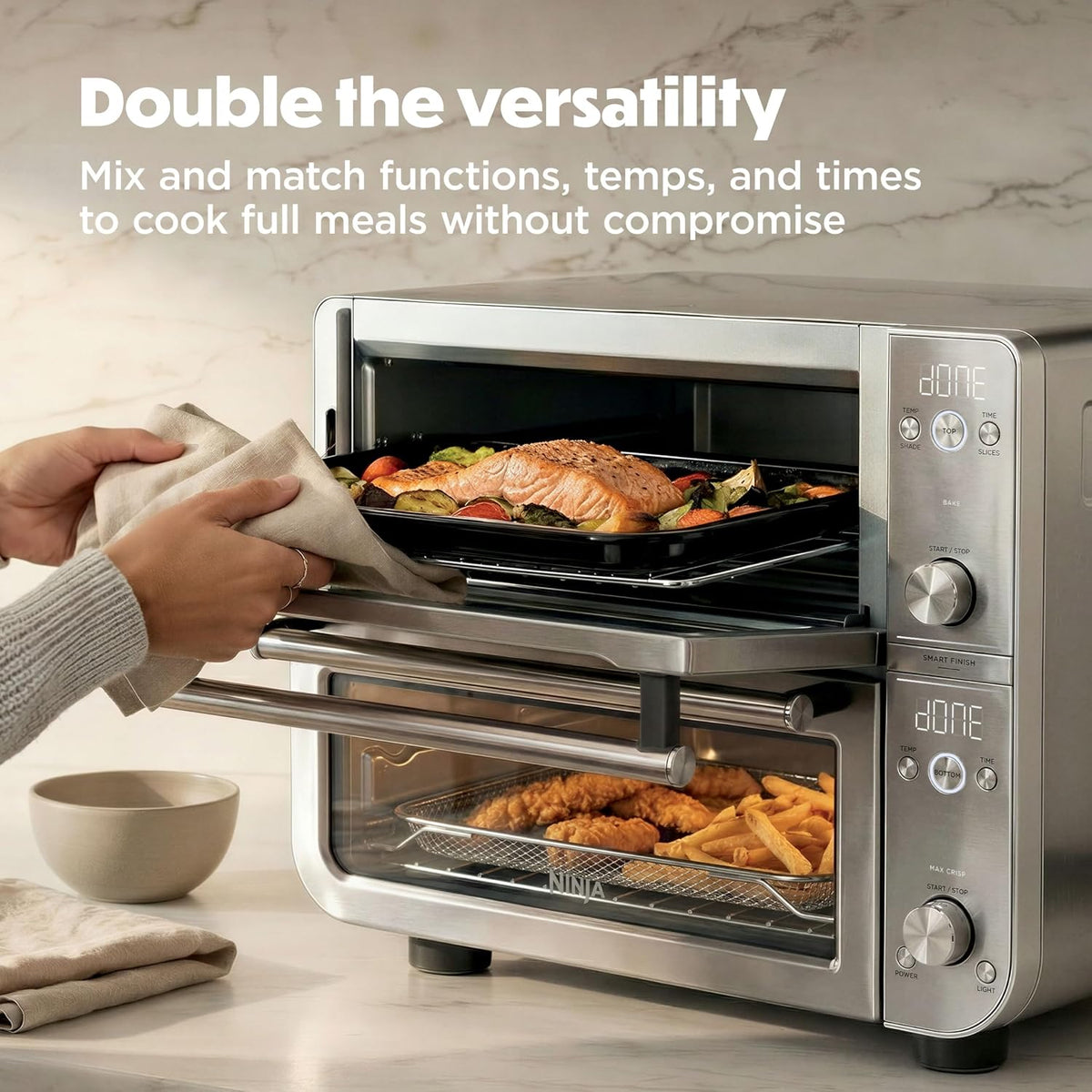 Ninja Double Oven Pro Smart XL, 12-in-1, Silver, DCT821 | QuartzHeat top oven, DualZone, Smart Finish, Fits 4.5 lb chicken & 6 lbs wings, Air fry