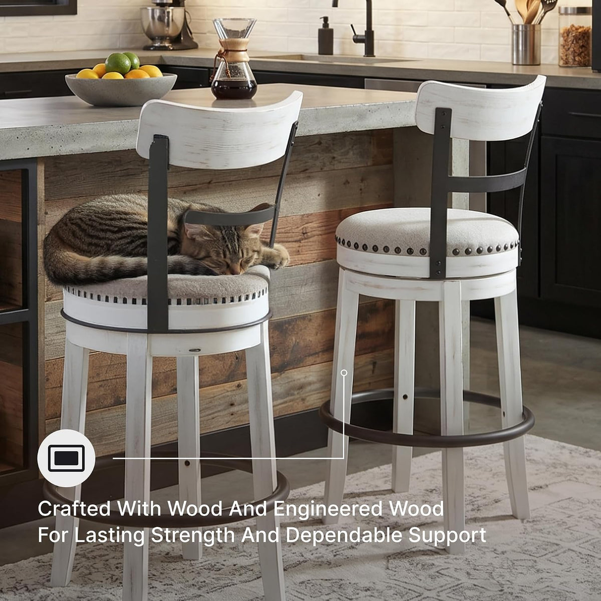 Signature Design by Ashley Valebeck Swivel Counter Height Bar Stool, White | Sturdy 24.5-inch seat with nailhead trim, Farmhouse rustic style featuring linen colored polyester, Smooth 360° rotation