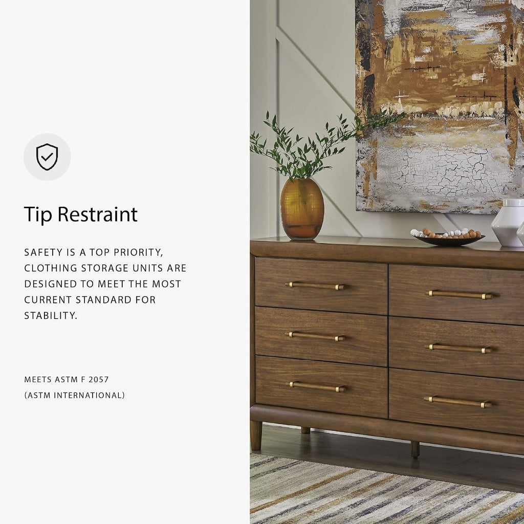 Signature Design by Ashley Mid Century Modern 6 Drawer Dresser for Bedroom | 6-drawer double dresser, Hardwood solids mango wood veneer and MDF substrates, Bedroom storage, Lyncott Series