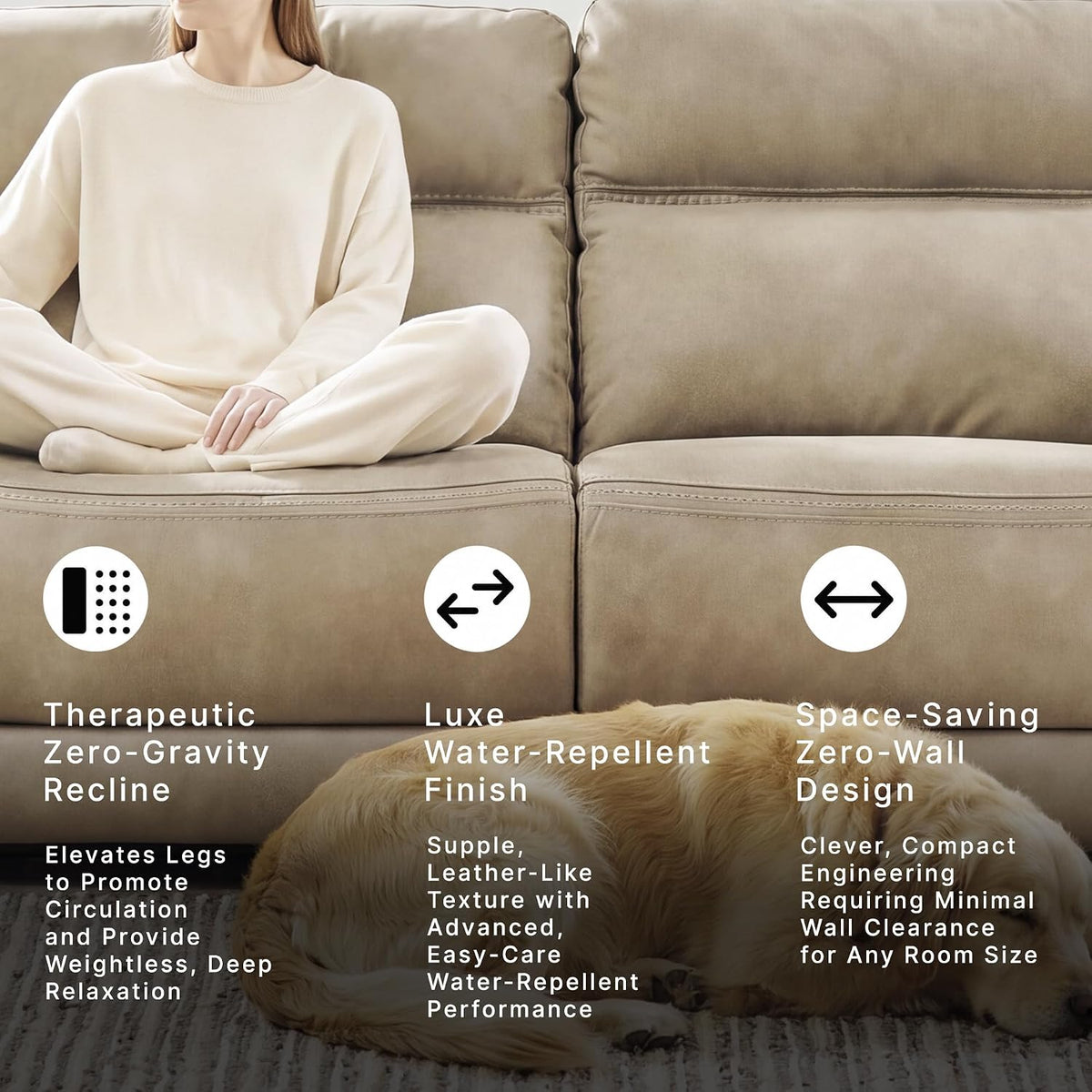 Signature Design by Ashley Power Reclining Sofa, Living Room Couch, Sand | Sand spill-resistant easy-to-clean water-resistant performance fabric, Power headrest, Zero-draw USB, Next-Gen Durapella