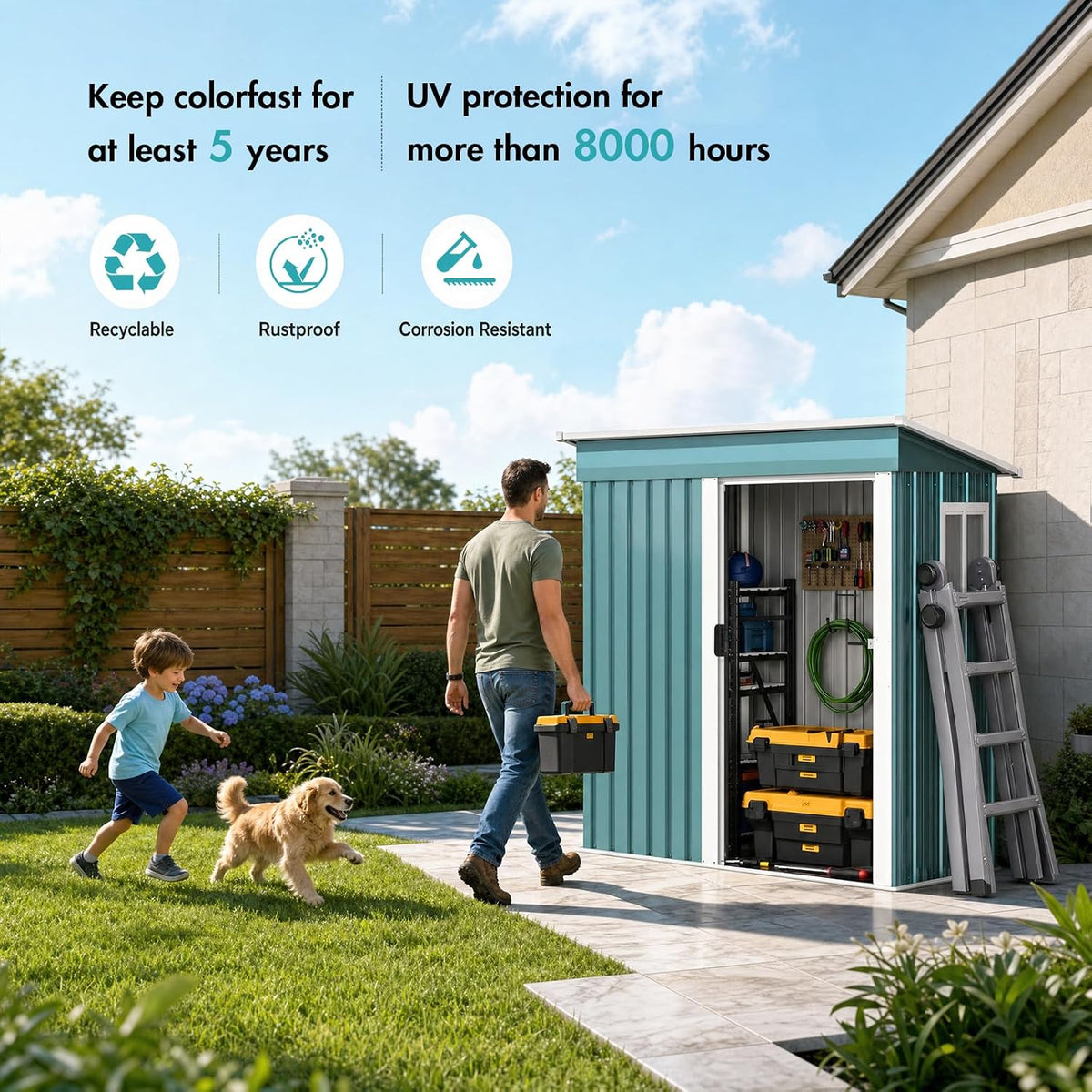Metal Shed Garden Storage 5x3 FT, Garden Shed, Waterproof Galvanized Steel with Window, Outdoor Lean-to Shed with Sliding Door,Lock and Gloves for Patio, Garden, Backyard, Bike, Garbage, Bin
