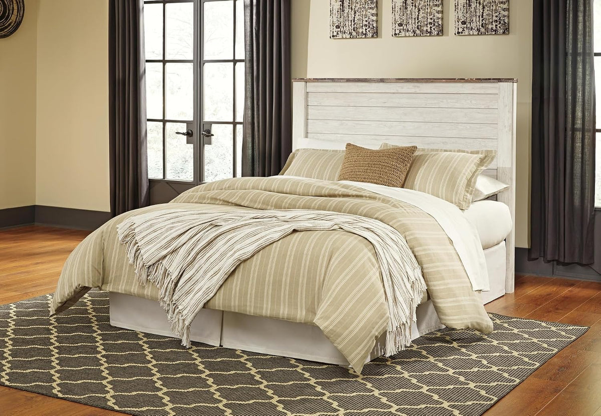 Signature Design by Ashley Coastal Queen Panel Headboard, Whitewash | Engineered wood rustic queen headboard, Farmhouse headboard queen option with built-in USB chargers, Willowton Series