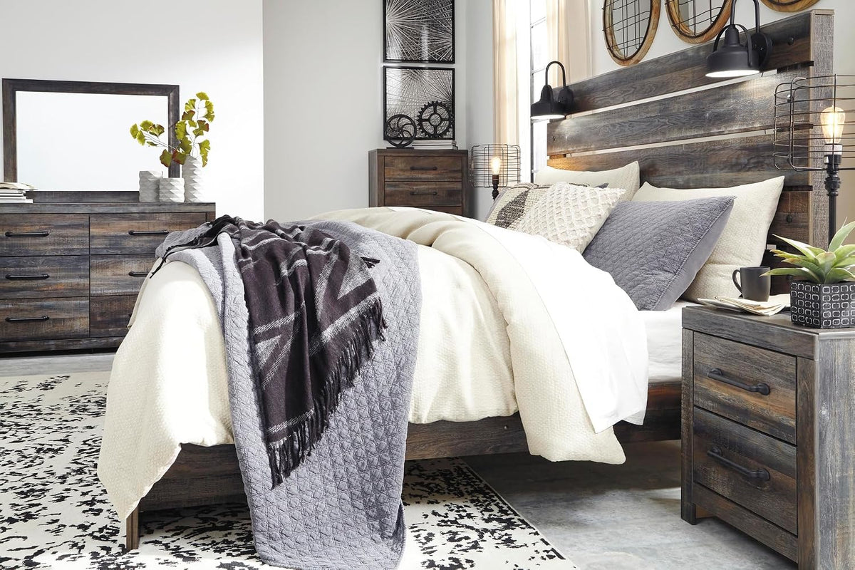 Signature Design by Ashley Drystan King Panel Headboard, Brown | Engineered wood laminate, Built-in LED sconces, Dual USB charging ports, Rustic industrial style