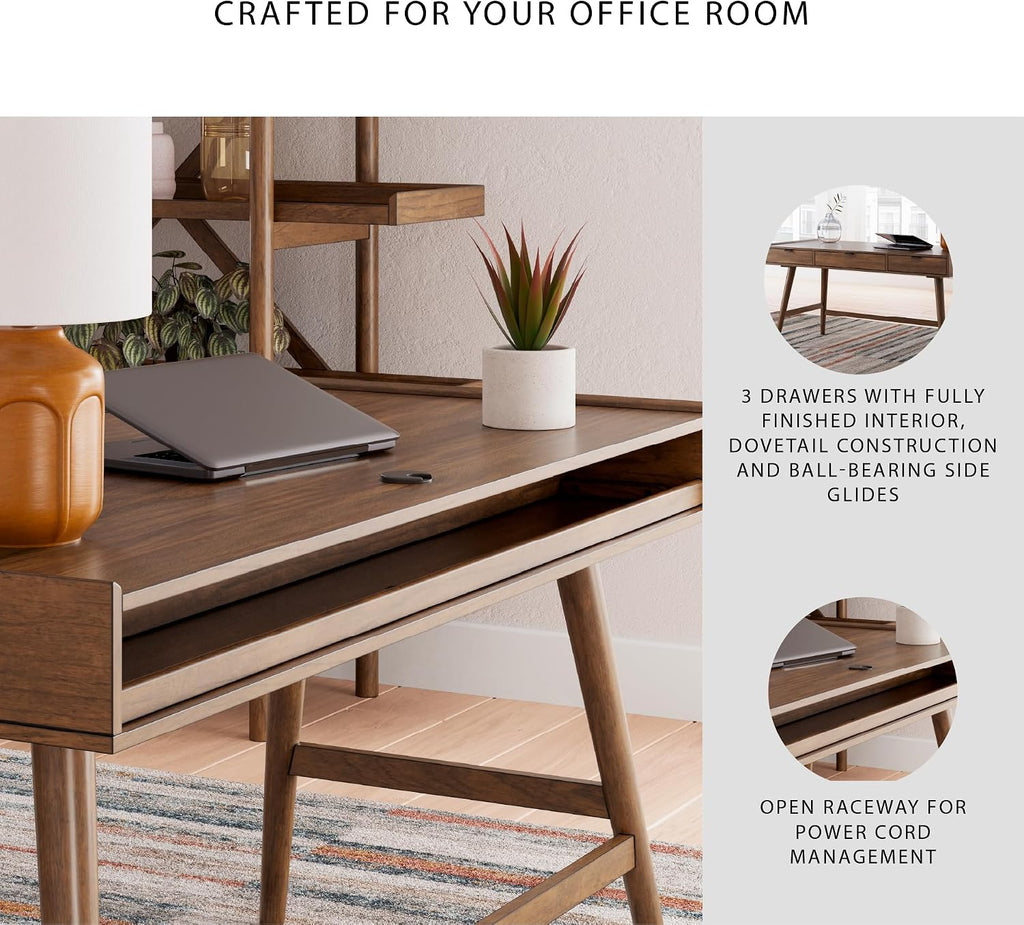 Signature Design by Ashley Lyncott Home Office Desk 60" Midcentury Modern | Mid-century modern office desk, Mango wood veneer, Solid rubberwood legs, 3 dovetail drawers, Integrated cord management