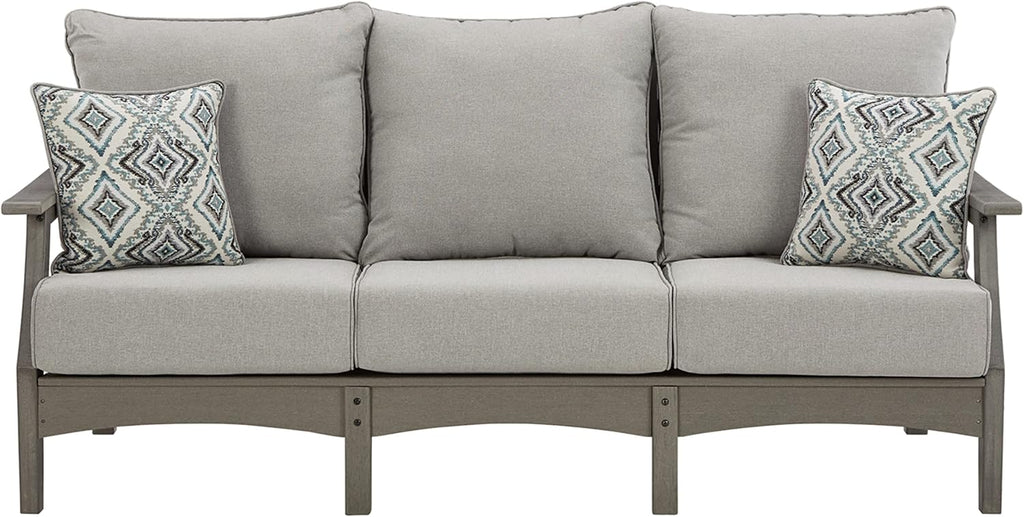 Signature Design by Ashley Visola 80"W 3-Seat Outdoor Patio Sofa, HDPE Wood Look, Couch with Performance Cushions for Deck Furniture, Gray