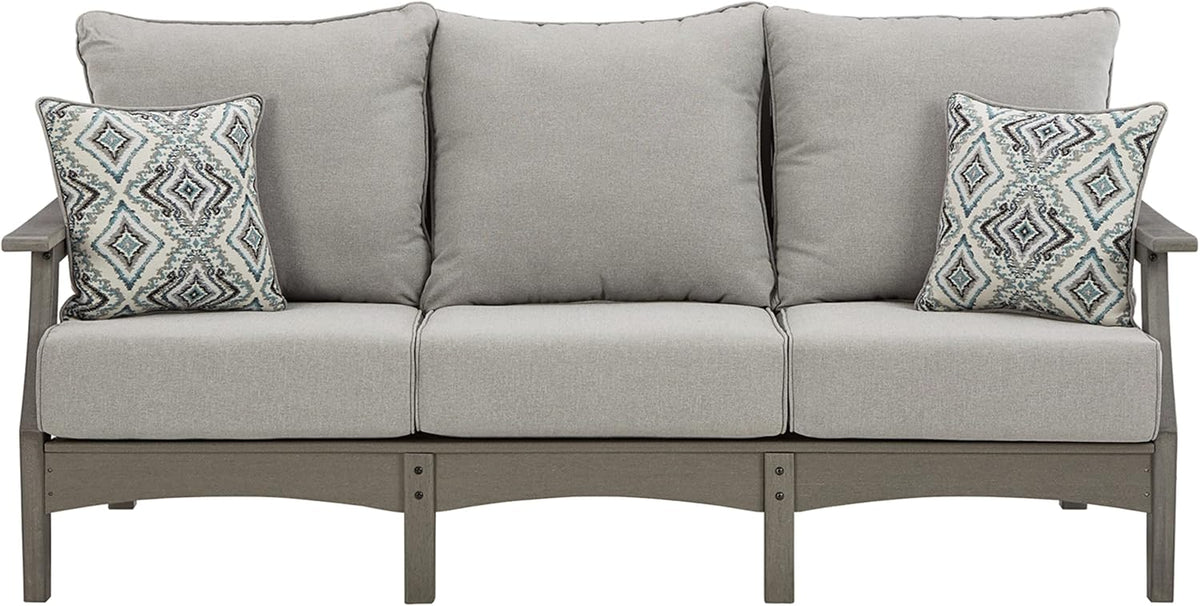 Signature Design by Ashley Visola 80"W 3-Seat Outdoor Patio Sofa, HDPE Wood Look, Couch with Performance Cushions for Deck Furniture, Gray