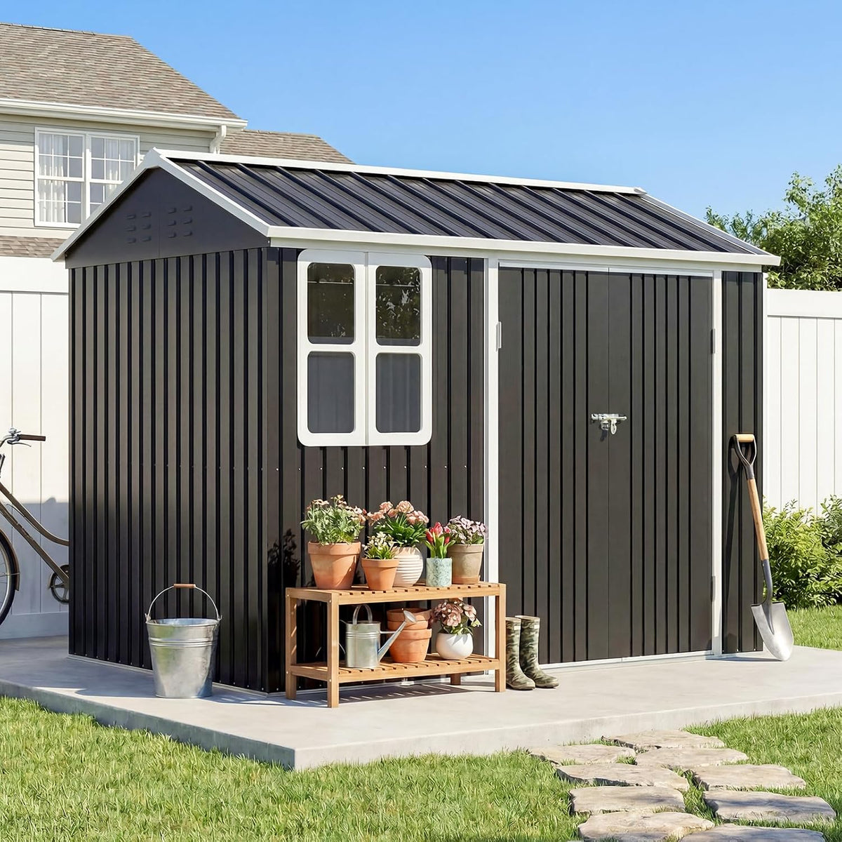 8.5 * 5.5 FT Metal Shed Garden Storage, Garden Shed, Waterproof Galvanized Steel with Window, Outdoor Apex Roof Shed with Lockable Double Doors&Gloves for Patio, Garden, Backyard, Bike, Garbage Bin