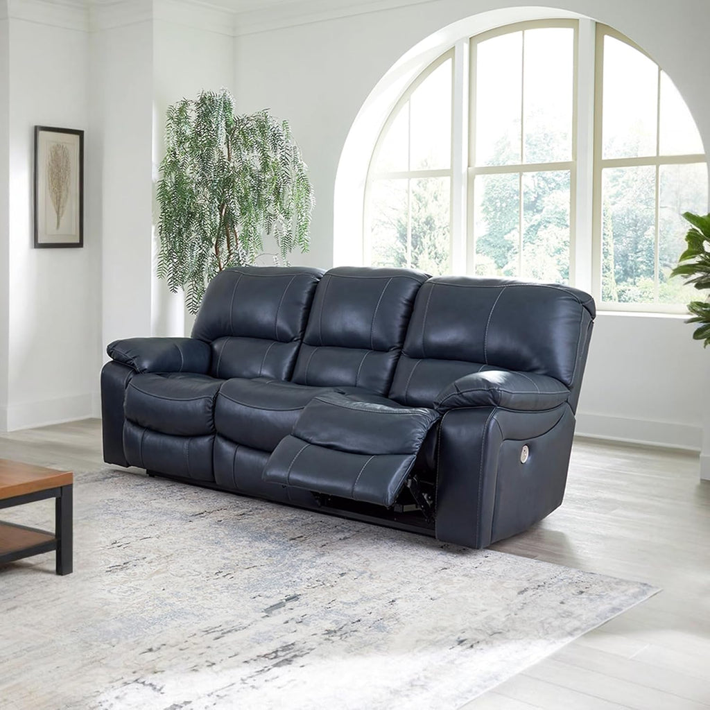 Signature Design by Ashley 3-Seat Zero Wall Power Reclining Sofa, Blue | Breathable top-grain leather, 4.5-inch wall hugger design, Integrated zero-draw USB port, Power headrest, Leesworth Series