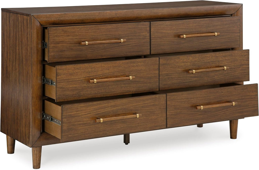 Signature Design by Ashley Mid Century Modern 6 Drawer Dresser for Bedroom | 6-drawer double dresser, Hardwood solids mango wood veneer and MDF substrates, Bedroom storage, Lyncott Series