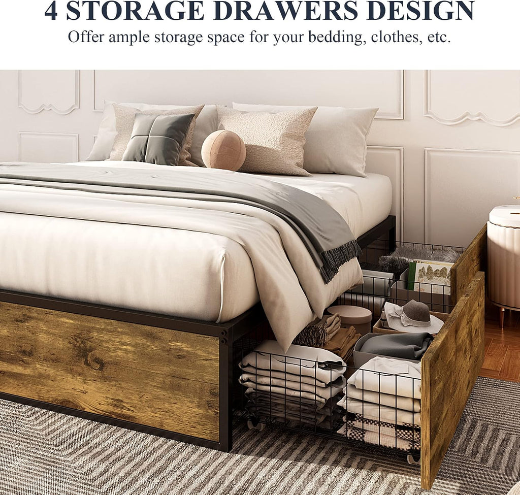 Allewie Industrial Storage Bed with 4 Large Drawers, Queen