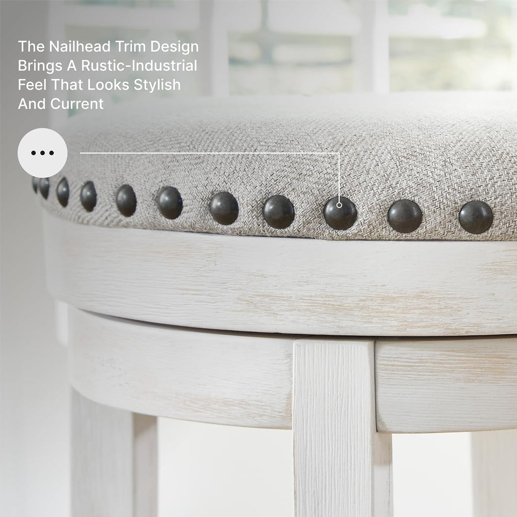 Signature Design by Ashley Valebeck 24 Inch Counter Height Stool | Backless swivel design, Rustic vintage white frame, Cozy beige woven fabric, Metal footrest