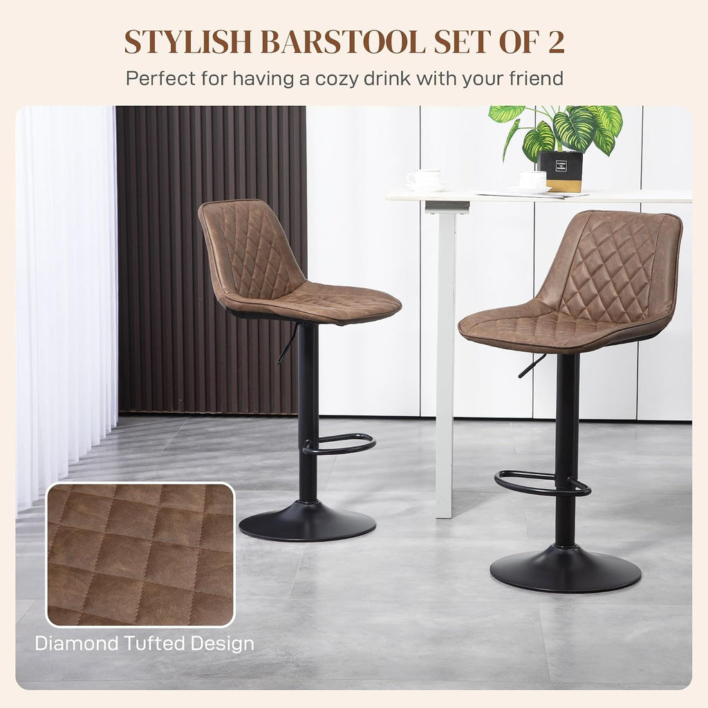 HOMCOM Bar Stools Set of 2 Retro Adjustable Kitchen Stool Swivel Brown