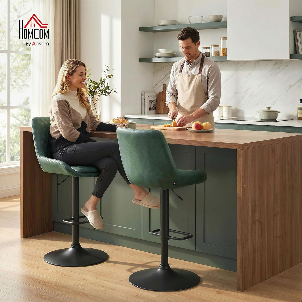HOMCOM Bar Stools Set of 2 w/ 51x40 cm Wide Seat, Large Base, Green