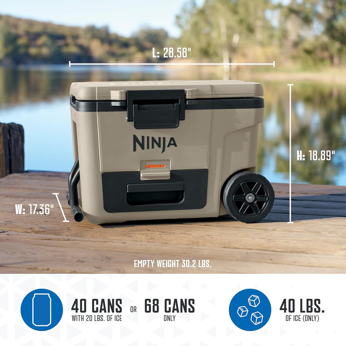 Ninja FrostVault™ 65qt Cooler with Wheels, Dry Storage Drawer, Birch Beige | Ninja FrostVault's 65-qt capacity holds 97 cans, keeps food cool & dry, and rolls easily on all-terrain wheels