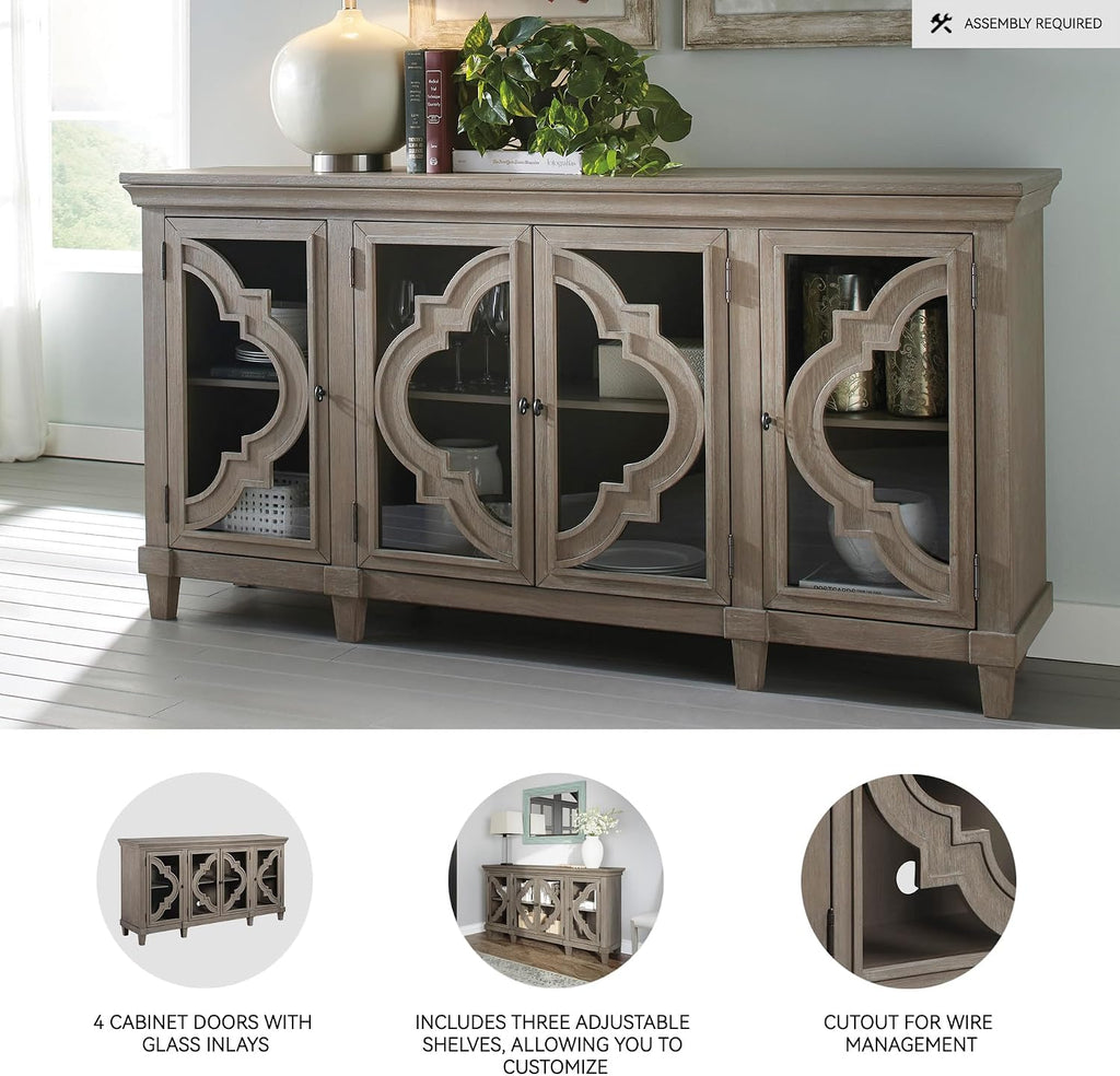Signature Design by Ashley Fossil Ridge 4-Door Accent Cabinet, Gray | Solid and engineered wood, Tempered glass inlays, Quatrefoil fretwork pattern, 3 adjustable shelves, 76 in width