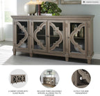 Signature Design by Ashley Fossil Ridge 4-Door Accent Cabinet, Gray | Solid and engineered wood, Tempered glass inlays, Quatrefoil fretwork pattern, 3 adjustable shelves, 76 in width