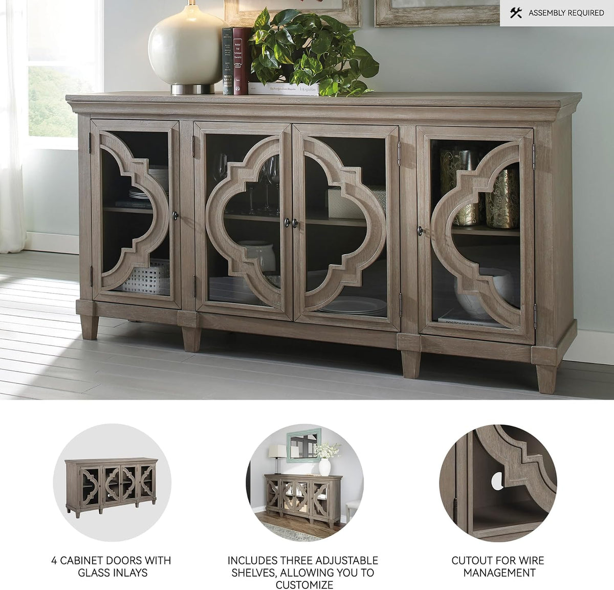 Signature Design by Ashley Fossil Ridge 4-Door Accent Cabinet, Gray | Solid and engineered wood, Tempered glass inlays, Quatrefoil fretwork pattern, 3 adjustable shelves, 76 in width