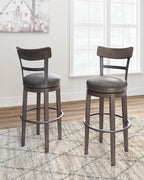 Signature Design by Ashley Caitbrook Swivel 30" Bar Height Bar Stool, Gray | Plush foam-cushioned seat, Elegant nailhead trim, Sturdy solid wood frame, 30.5-inch height for 40-42 inch bars
